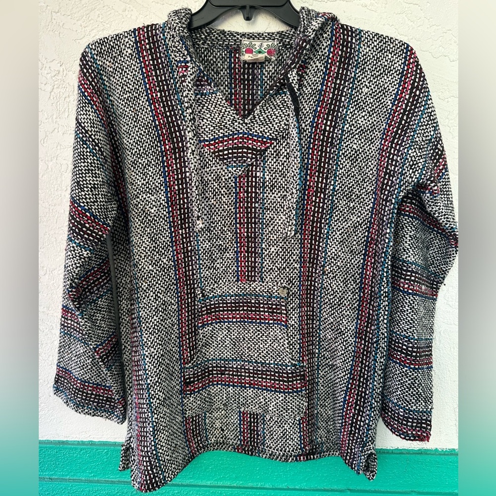 Mora Hoodie Baja Boho Front Pocket Long Sleeve Striped Black White Large